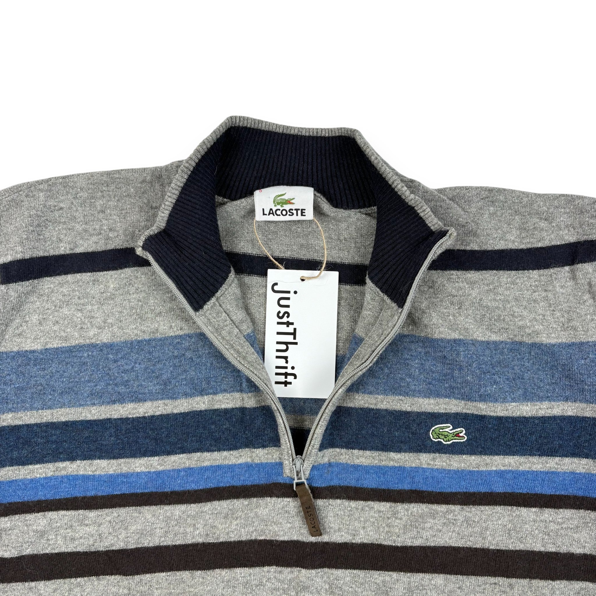 Lacoste Quarter-Zip Strickpullover Gestreift Grau/Blau